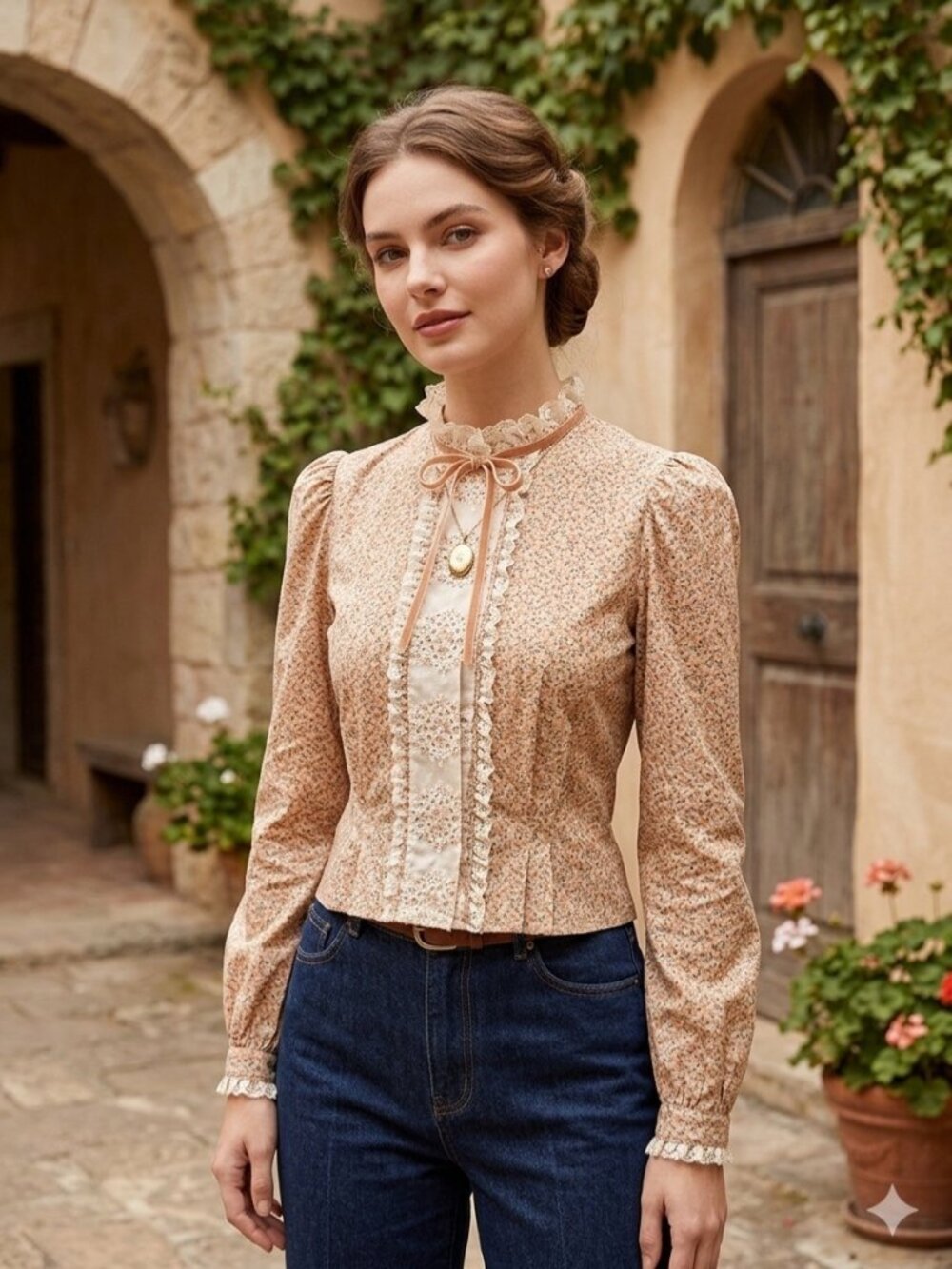 Bonnie & Clyde Peach Floral Prairie Blouse Vintage